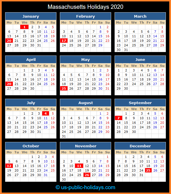 Massachusetts Holiday Calendar 2020